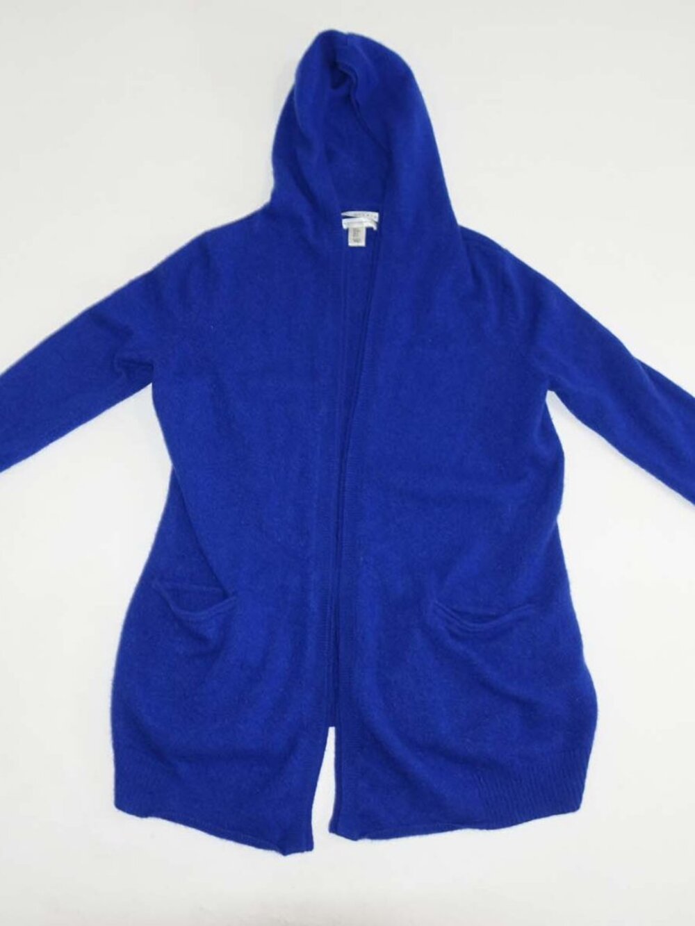 Max Studio Women's 100% Cashmere Open Front Hooded Cardigan Sweater Small Blue S